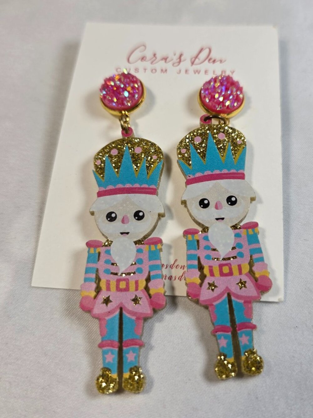 Cora's Den Nutcracker Christmas Dangle Earrings Pink Pastel Glitter Holiday New